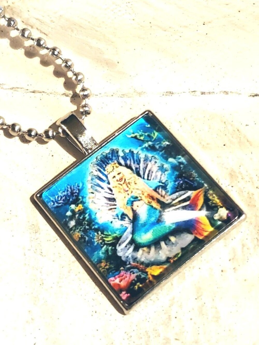 Mermaid in Her Oyster Shell Handcrafted Square Glass Cabochon Pendant  Necklace
